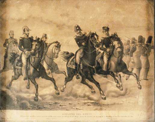 Grabado y agua fuerte que muestra al refuerzo de Panamá con Tomás Herrera a caballo a la extrema izquierda.